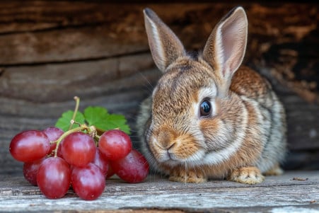 Rabbit indoors showing interest in a few grapes, with soft natural light highlighting its fur
