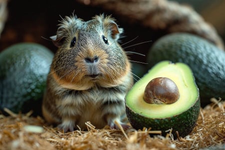 Healthy guinea pig curiously examining a slice of avocado while on a bed of hay