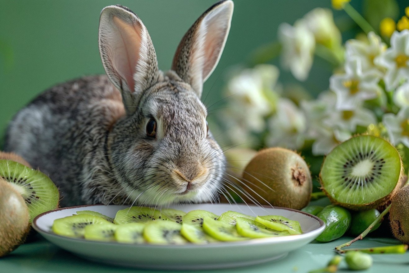 Grey and white rabbit sitting in front of a small plate with kiwi slices, with a curious expression