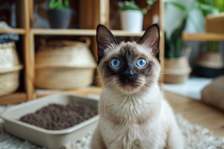 Portrait of a muscular Siamese cat closely examining a small amount of cat poop on a beige carpet, with a litter box visible in a cozy living room setting
