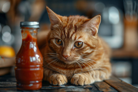 Orange tabby cat sniffing a bottle of ketchup on a kitchen counter with a cautious expression
