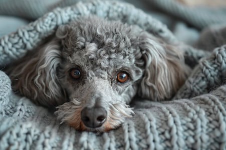 Poodle with thinning, disheveled coat laying on a soft blanket with pet food and supplements in the background