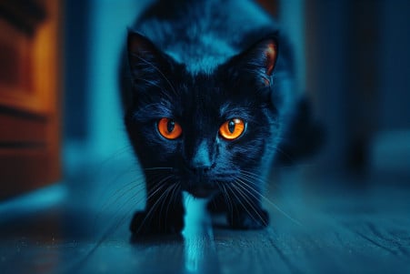A sleek black cat stalking through a dimly lit room, its eyes glowing as it tracks an unseen target