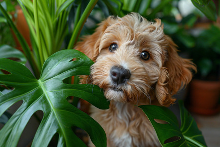 Labradoodle puppy sniffing a large Monstera deliciosa plant with a puzzled expression