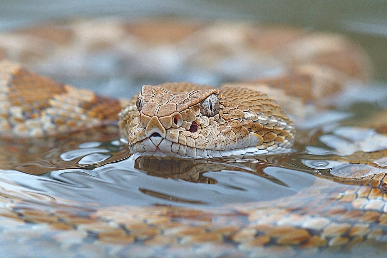 A brown and tan Eastern Diamondback rattlesnake swimming smoothly across a lake, its paddle-like tail propelling it forward