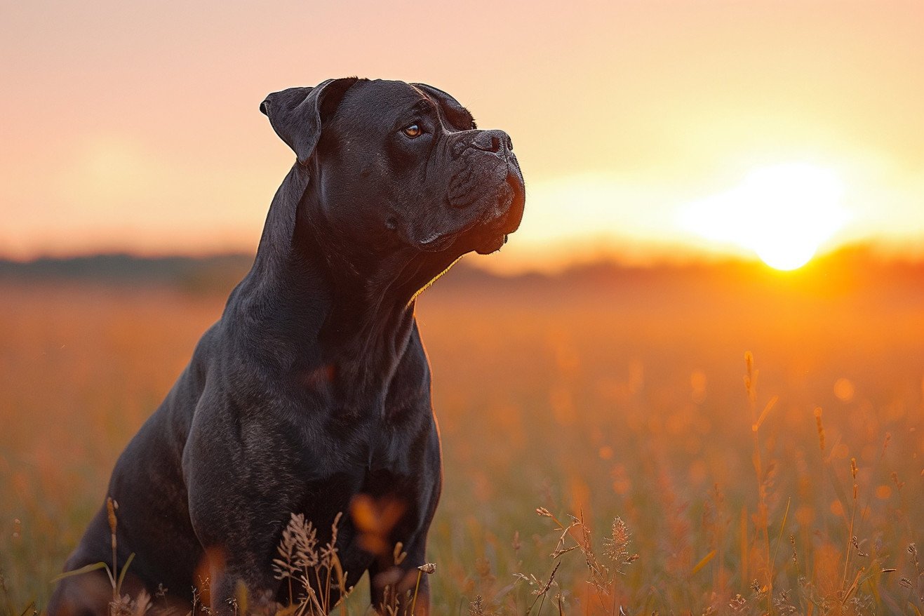 Majestic Cane Corso standing on a grassy field with sunset in the background