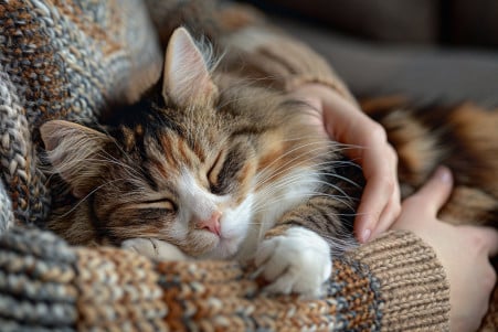 Owner gently petting a calico Maine Coon cat curled up on a couch