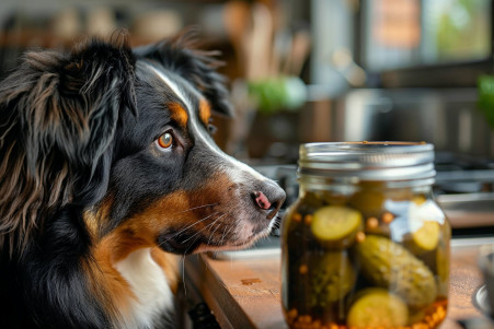 Dog sniffing a jar of pickles on a kitchen counter with a curious expression
