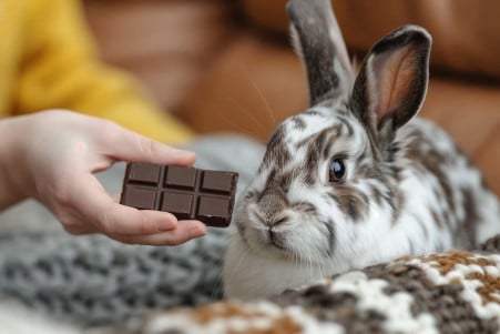Worried owner taking a chocolate bar away from a Dutch rabbit with a guilty expression