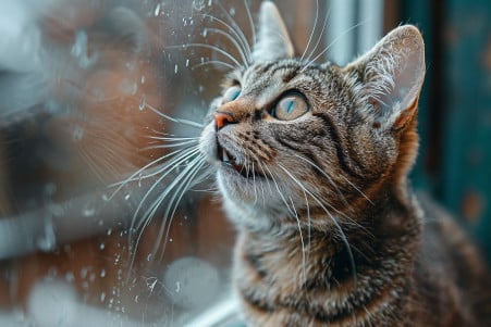 Tabby cat sitting on a windowsill, mouth open in a chatter as it gazes intently outside