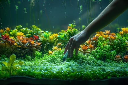 Hand using a water testing kit to check ammonia levels in a heavily planted aquarium