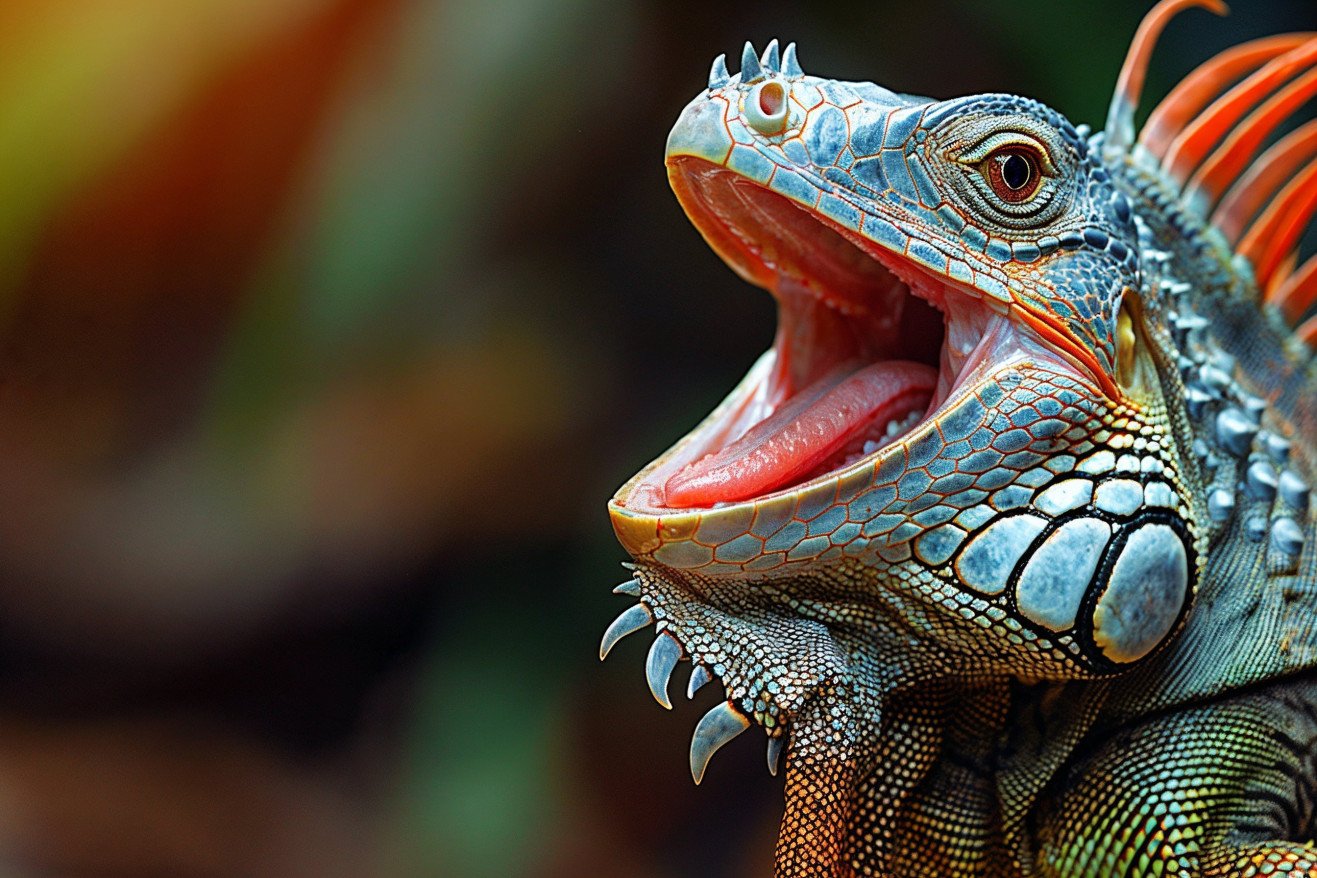 Close-up of the open mouth of a green iguana, revealing its sharp, serrated teeth