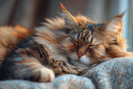 Full-body shot of a female Maine Coon cat curled up sleeping, with a luxurious medium-length coat in brown and cream tones