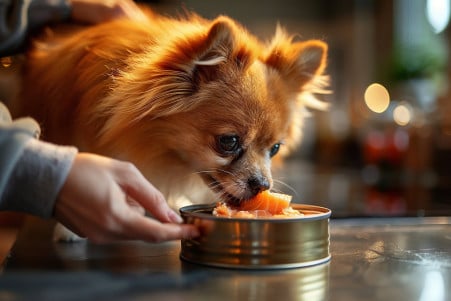 Pomeranian dog sniffing a can of salmon on a kitchen counter, with the owner's hand reaching to take it away