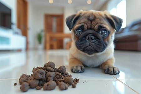 Pug puppy with a playful expression tilting its head as it examines a pile of poop on a pristine white tile floor