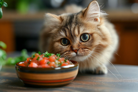 Cat with a perplexed expression sniffing a small bowl of spicy salsa on a kitchen countertop