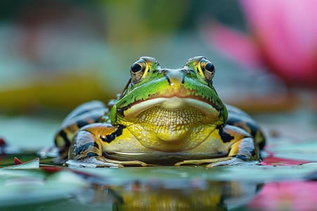 Detailed image of a frog sitting on a lily pad, inflating its vocal sacs as it lets out a loud croak