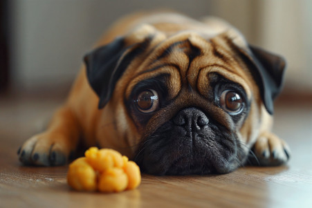 Pug dog with a distressed look lying next to a small pile of yellow poop on a hardwood floor