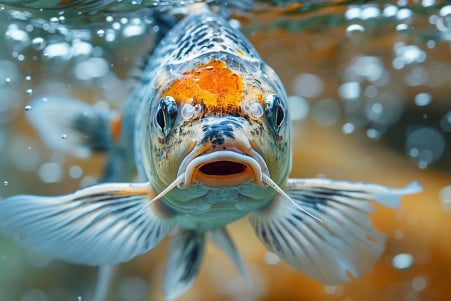 Close-up of a koi fish's face with whisker-like barbels and large, expressive eyes