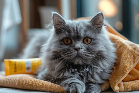 Fluffy grey Persian cat resting peacefully near medicated shampoo and towel