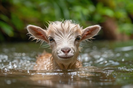 A wet, shaggy-coated pygmy goat swimming confidently through a river or pond, with its head above the water and its legs paddling