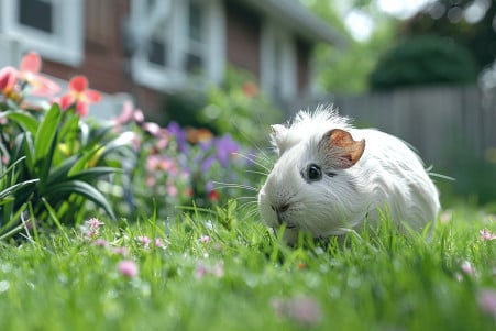 A white, short-haired guinea pig contentedly grazing on a lawn surrounded by various grasses and greenery