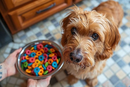 A fluffy brown dog sniffing at a spilled bowl of colorful Froot Loops cereal on a kitchen floor