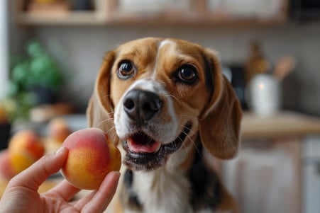Energetic Beagle jumping up to try and snatch a fresh peach from the kitchen counter, with the owner's hand gently pushing the dog back