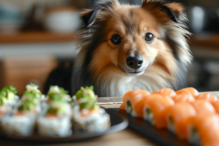 Playful Shetland Sheepdog examining a piece of sushi on a kitchen table, surrounded by other sushi pieces