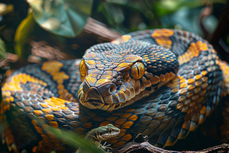Close-up of a coiled venomous snake with a diamond-shaped head and striking yellow eyes, ready to strike a small green lizard in the foreground