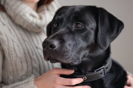 Calm, alert Labrador Retriever with a black coat, as its owner checks the proper fit of the collar
