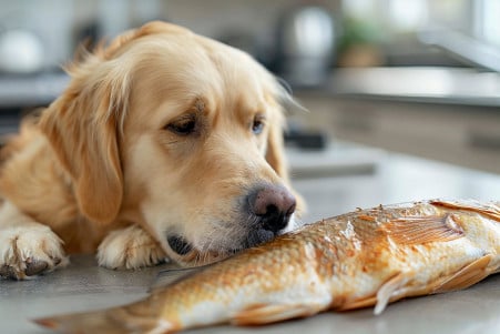Labrador Retriever with a golden coat sniffing at a whole catfish on a kitchen counter