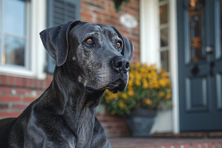 Friendly Great Dane with a brindle coat lounging comfortably on a porch, welcoming visitors