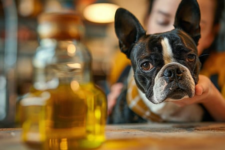 Boston Terrier sniffing a bottle of canola oil on a kitchen counter