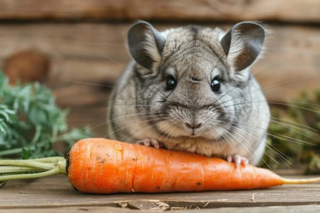 A chinchilla with a thick, soft grey coat sitting next to a carrot on a wooden surface