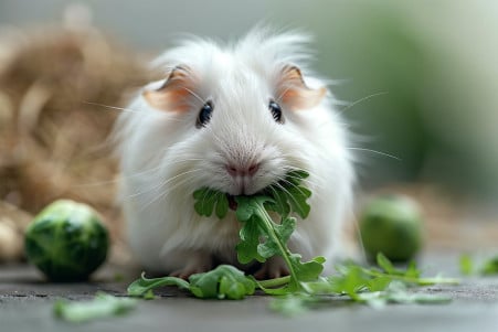 Detailed image of a Silkie guinea pig with long, flowing white fur chewing on an arugula leaf in a home environment with other vegetables
