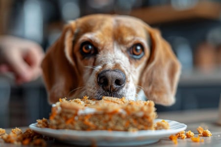 Beagle sniffing at a carrot cake on a kitchen counter, with the owner's hand reaching to remove it from the dog's reach