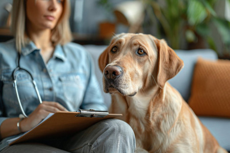 Veterinarian holding a clipboard and discussing a Labrador retriever's bloodwork with its owner, while the neutered dog sits obediently at their feet.