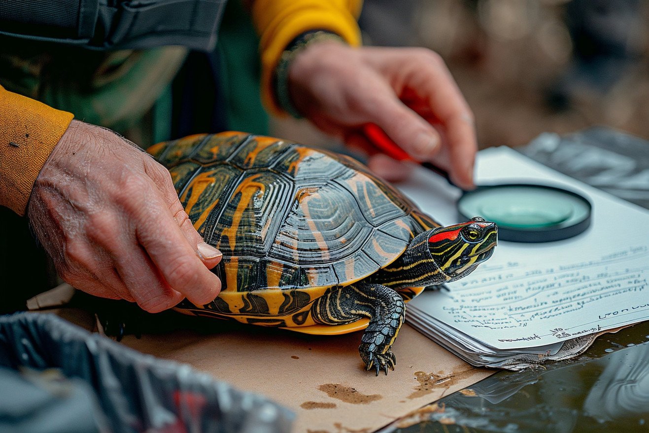 Person examining the plastron and tail of a Red-Eared Slider turtle on a clean surface with notes and a magnifying glass