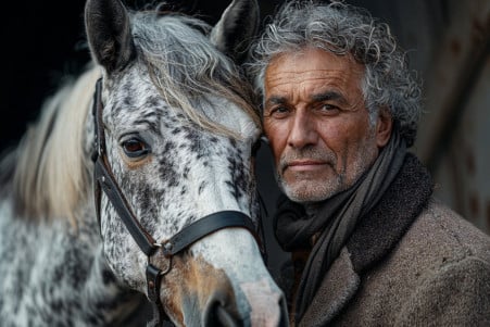 An elderly-looking grey dapple horse standing next to a middle-aged human, highlighting the similarities and differences in their relative ages