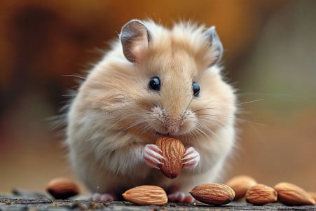Fluffy beige Syrian hamster sitting up and sniffing a single almond on a wooden surface