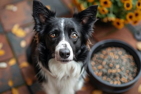 A Border Collie standing next to a bowl filled with shelled sunflower seeds, looking directly at the camera