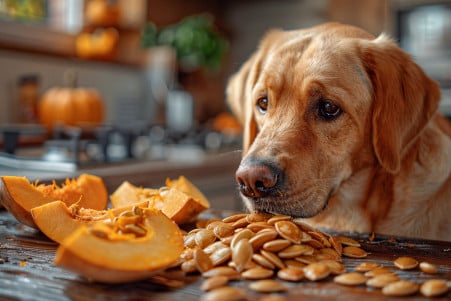 Friendly Labrador Retriever sniffing at a pile of roasted pumpkin seeds on a wooden table in a kitchen setting