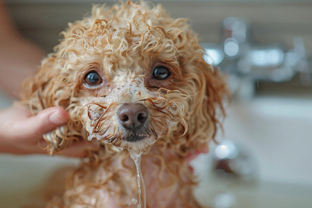 Owner scrubbing a medium-sized poodle with curly, light brown fur under running water in a bathtub to remove clumps of tree sap from its coat