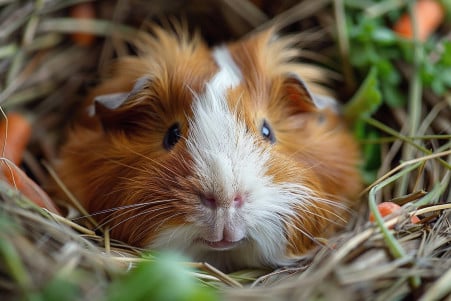 Peruvian guinea pig with long, silky brown and white fur curled up in a sleeping position on a bed of timothy hay