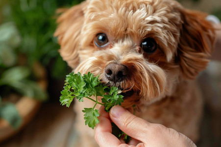 Brown Shih Tzu dog cautiously taking a bite of parsley held by its owner's hand