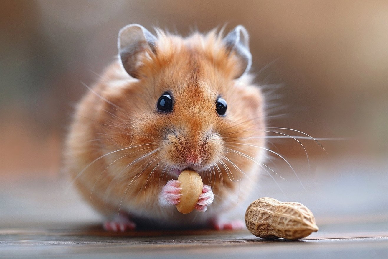 Close-up of a plump, golden-brown Syrian hamster carefully sniffing a single peanut on a wooden surface