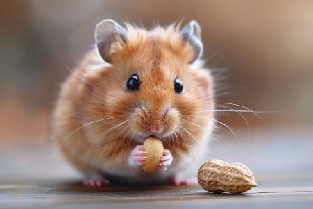 Close-up of a plump, golden-brown Syrian hamster carefully sniffing a single peanut on a wooden surface