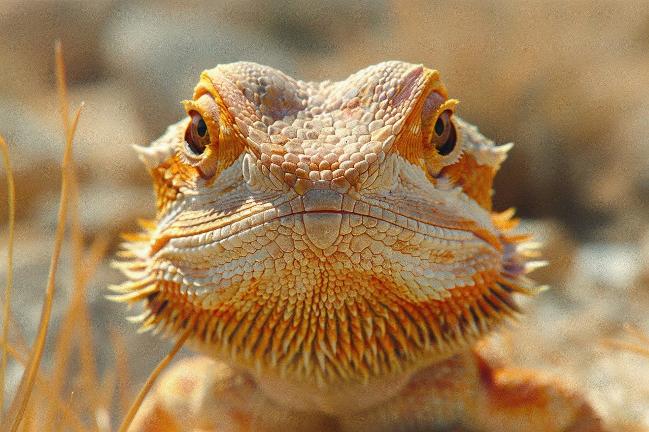 Bearded dragon with dull scales and protruding eyes, indicating signs of dehydration