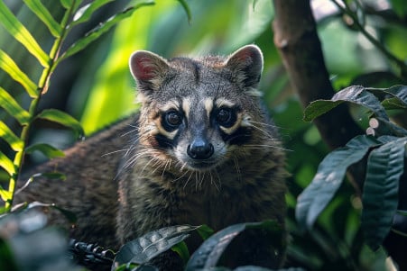 A coati crouched in a defensive posture, surrounded by lush jungle foliage